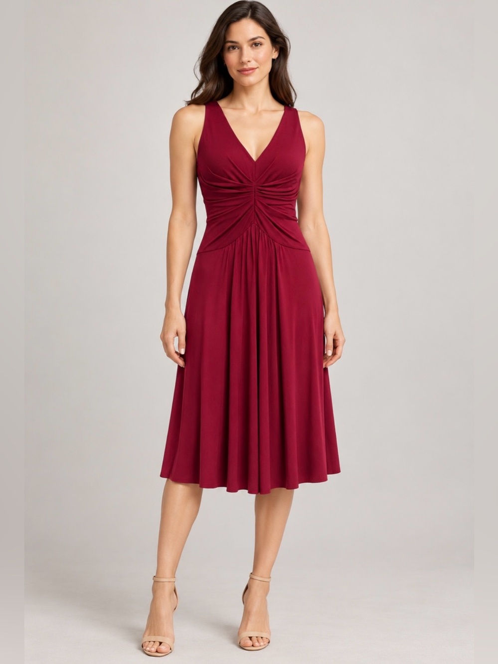 Ann Taylor Burgundy Ruched V Neck Sleeveless Fit Flare Dress Size 0 NWT